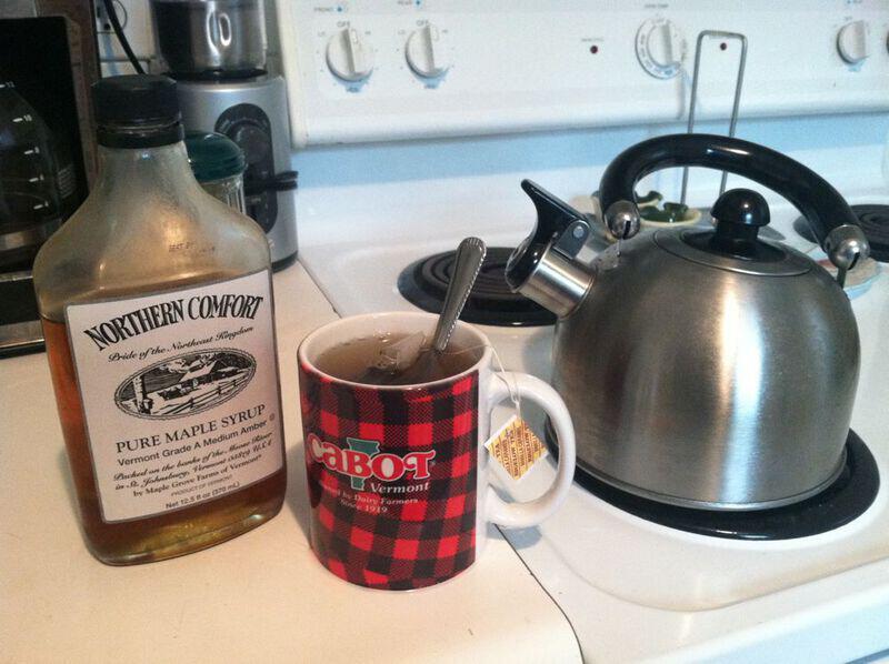 Maple Syrup, tea and a tea kettle.